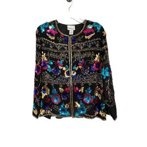 Drapers Damons Jacket M Black Sequin Floral Beaded Old Money Mature Artsy Party